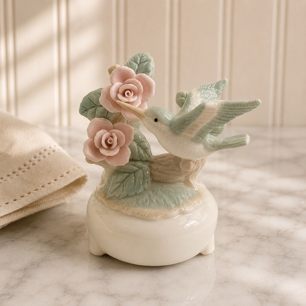 Gloria Hummingbird Music Box Porcelain Figurine Plays Memory Pink Roses Vintage